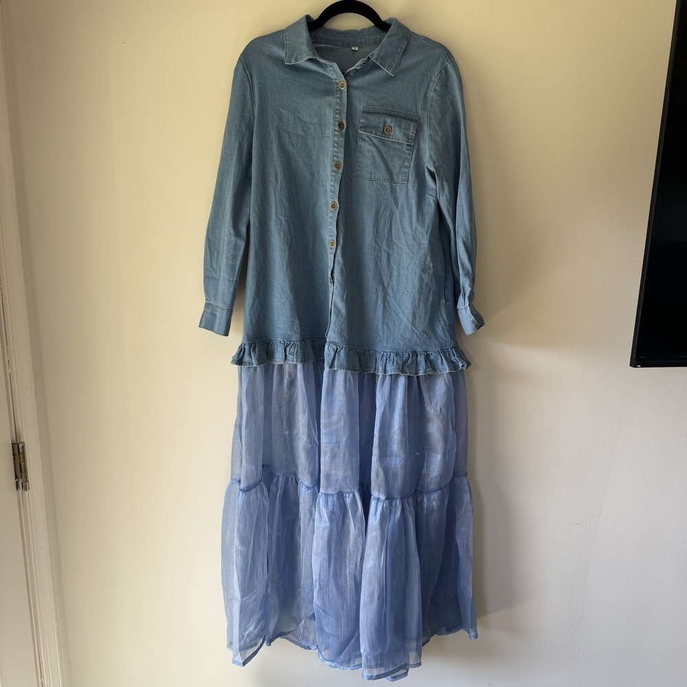 Light Blue Long Sleeve Maxi Dress with Tiered Skirt